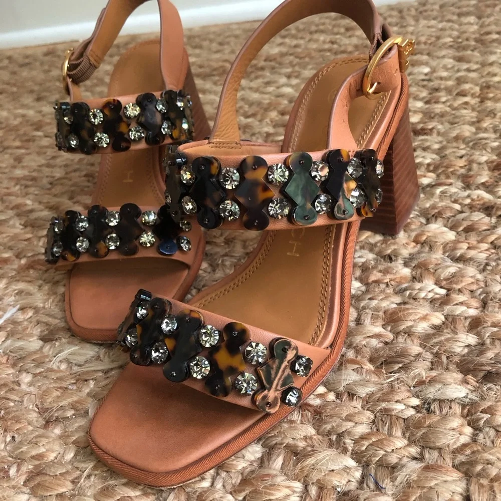 Tory Burch Delaney Embellished Heeled Sandal. Calf Leather. Size 6.5